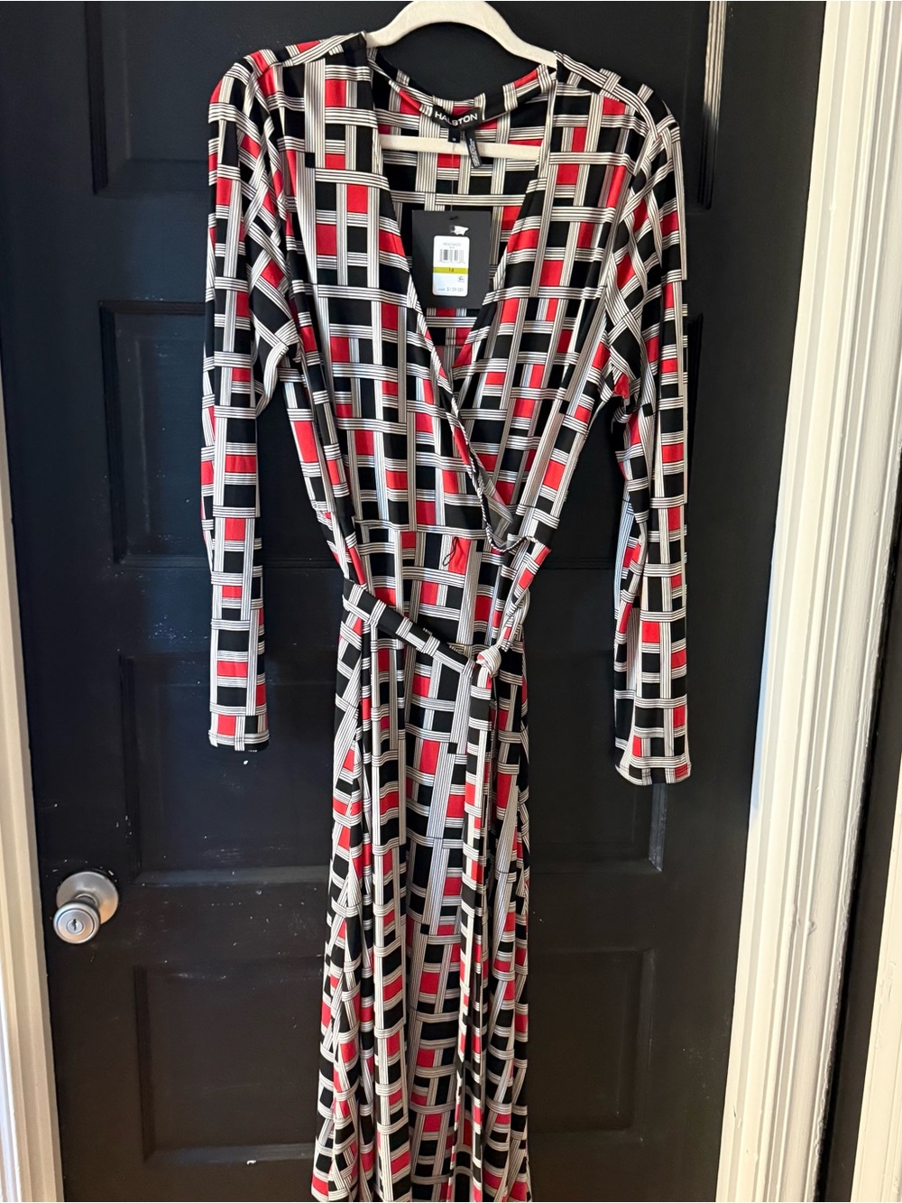 Halston Heritage Black Red Cream Geometric faux Wrap Maxi Dress
